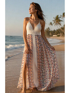 Hem & Thread Boho Crochet Maxi Dress, White Aztec Print, Rayon, L, Sleeveless